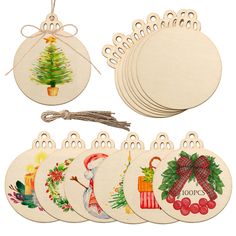 wooden tags with christmas ornaments and decorations on them