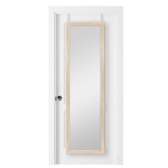 a white door with a mirror on the front and side paneled in light wood