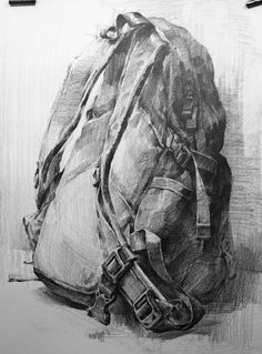 a pencil drawing of a backpack sitting on the ground