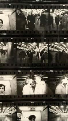 several black and white photographs of people standing in front of a door with lights coming from them