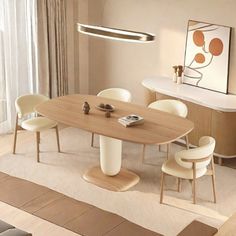 a modern dining room with white chairs and a wooden table surrounded by beige rugs