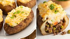 two pictures of baked potatoes with meat and vegetables