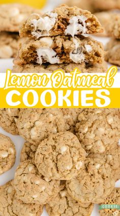 lemon oatmeal cookies stacked on top of each other with the words lemon oatmeal cookies