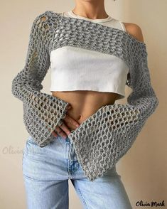 OliviaMark - Chic Hollow Knitted Sweater: Solid Color, Round Neck, Long Sleeves, and Knitted Cardigan Design Hollow Sweater, Cropped Knit Sweater, Long Sleeve Knitted Cardigan, Cropped Pullover, Sweater Collection, Cropped Tops, Knit Crop Top, Knitted Cardigan, Knit Crop