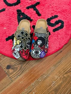 #birkenstock #clogs #patches Custom Birkenstocks Clogs, Patches On Shoes, Patchwork Shoes