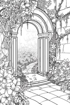 an illustration of a garden with flowers and arches