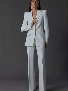 White Woman's Solid Pant Suit 2 Piece Single-Breasted Business Casual Custom #ad Pant Suits Plus Size, Formal Pantsuit, Mother Of The Bride Suits, White Pants Women, Chiffon Pants, Mother Of Bride Outfits, White Tuxedo, Smart Casual Style