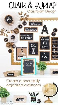 Burlap and chalkboard classroom decor set. Chalkboard Theme Classroom, Burlap Classroom Decor, Color Words Poster, Burlap Classroom, Student Name Plates, Classroom Decor Ideas, Chalkboard Classroom, Classroom Routines And Procedures, Math Wall