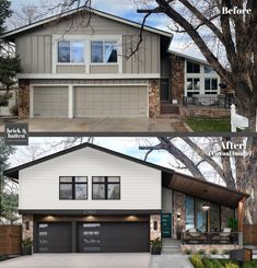 before and after photos of a house with two garages on the front and side