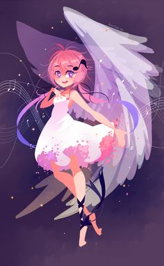 an anime character with pink hair and angel wings