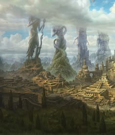 an image of a fantasy city with towers and giant monsters in the sky above it