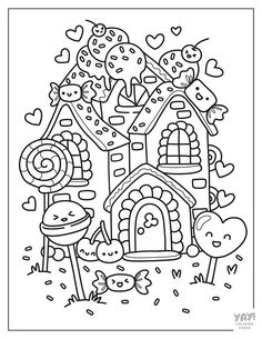 a coloring page with an image of a house in the middle of it and lots of hearts