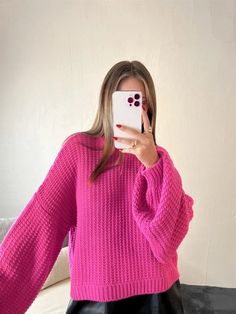 Knit sweater with puffed sleeves. This quality knit sweater will keep you warm in this sweater weather season. Its bright fuchsia color will get you in the trendiest color this season. Fabric: 100% acrylic Hot Pink Sweaters For Women, Dark Pink Knit Sweater, Hot Pink Sweater To The Office, Bright Pink Knit Sweater, Hot Pink Winter Sweater, Oversized Hot Pink Sweater, Hot Pink Sweater, Hot Sweater, Yarn Sweater