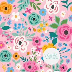 a pink background with colorful flowers and leaves on the bottom right corner is a white circle that says vine patterns