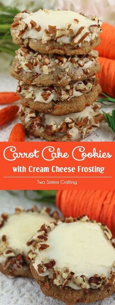 carrot cake cookies with cream cheese frosting are stacked on top of some carrots