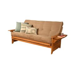 a wooden futon with two pillows on it