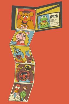 the muppets and other cartoon characters are hanging from an orange ribbon on a red background