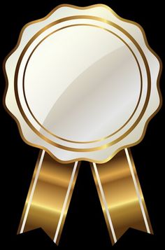 a gold award ribbon with a white circle on the center and two golden ribbons around it