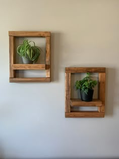 two square wooden shelves with plants in them