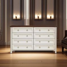 a large white dresser sitting on top of a hard wood floor