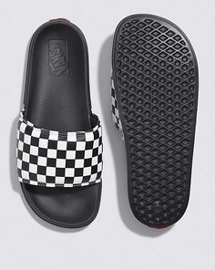 Vans | La Costa Slide-On Checkerboard True White/Black Sandals Casual Black Sandals For Surfing, Sandals Aesthetic, Vans Slides, Vans Aesthetic, Vans Checkerboard, Vans Store, Vans Logo, Red Heels, Soft Rubber