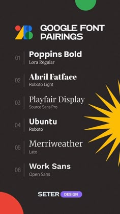 the google font pairings for different font styles and colors are displayed on a black background