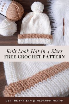 knit hat in 4 sizes free crochet pattern with text overlay that reads, knit look hat in 4 sizes free crochet pattern