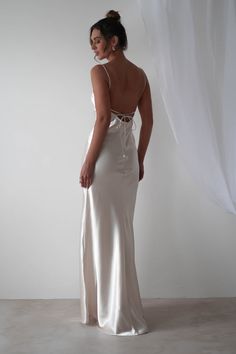 Celinee Satin Maxi Gown | Sage Champagne Maxi Dress, Oh Hello Clothing, Halter Backless Dress, Prom Dresses Yellow, Silk Wedding Dress, Elegant Maxi Dress, Prom Dress Inspiration, Maxi Gown, Just Style