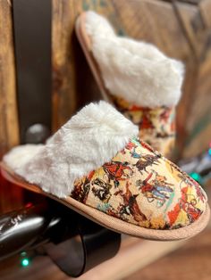 Cowboy Collage Slippers | Gussied Up Online Western style slippers. Step out in style with these unique, western-inspired Cowboy Collage Slippers! Lined with... Western Slippers, Western Style House, Cowboy Collage, Cowboy House, Western Boutique, Shoes For Kids, Western Design, Shoes Vintage, Shopify Theme