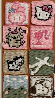 crocheted squares with pictures of cartoon characters on them, all in different colors