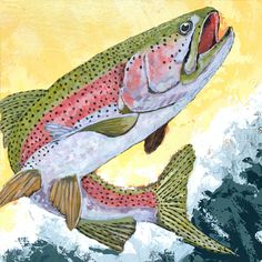 Elevate your home or office with this richly textured rainbow trout fish painting by Danny Schreiber. "Determination" features a vibrant rainbow trout with rich green and pink tones against a dynamic yellow and teal background. The layered tones were thoughtfully applied with brushes and palette knives on 16 x 20 inch canvas. Details: This original fish artwork is a one-of-a-kind acrylic painting on 16 x 20 inch canvas. It is framed in a classic satin black wood frame. Using quality professional River Fish Painting, Fish Jumping Out Of Water Painting, Acrylic Fish Painting Easy, Acrylic Trout Painting, Trout Painting Acrylic, Fish Paintings Acrylic, Fish Painting Ideas, Painting Ideas Fish, Acrylic Painting Animals