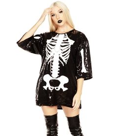 We can think of 206 reasons why this Sequined Skeleton Costume Dress is the perfect outfit for you this Halloween. (Hint: it has to do with the number of bones in the human body.) It’s sleek, sparkly, and sure to highlight the best a body has to offer. The top half, at least. But no matter. True beauty is found on the inside, right? Skeleton Womens Costume, Female Skeleton Costume, Skeleton Queen Costume, Plus Size Skeleton Costume, Women Skeleton Costume, Skeleton Costume Ideas, Skeleton Dress Costume, Skeleton Costume Women, Skeleton Shoes