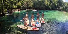 a group of people riding paddle boards on top of blue water in the middle of a river