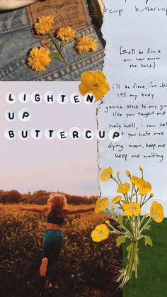 a collage with yellow flowers in the middle and an open letter to someone who is about to fly