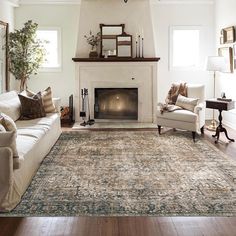 a living room filled with furniture and a large rug on the floor in front of a fire place