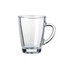 a clear glass mug is shown on a white background