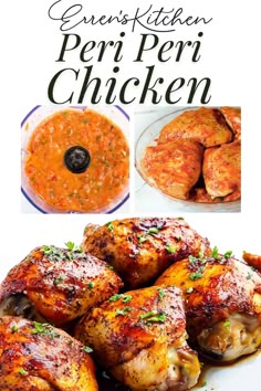 an image of chicken with sauce on the side and text overlay that reads entres kitchen peri peri chicken