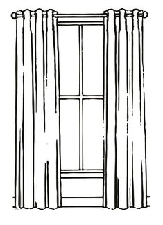 an open window with curtains drawn in black and white on a white background stock illustration