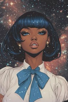 an illustration of a woman with blue hair wearing a white shirt and bow tie in front of stars