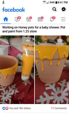 two photos of the same cup with yellow paint on it, and another photo of what appears to be baby shower pot