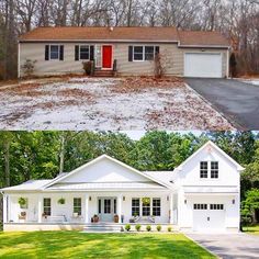 before and after photos of a white house with red door in the front yard, from top to bottom