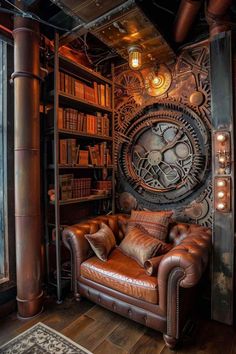 a leather chair sitting in front of a book shelf filled with books