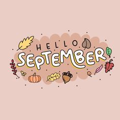 the word hello november written in autumn leaves and acorns on a pink background