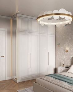 a bedroom with white closets and a chandelier