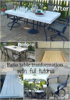 the before and after photos of an outdoor dining table