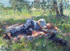 a painting of a person laying on a blanket in the grass with a dog nearby