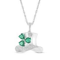 Send "top o' the morning" wishes with this darling top hat necklace. Sterling silver Heart-shaped lab-created emeralds form a shamrock Round white lab-created sapphires decorate the top hat band 18-inch rope chain with spring ring clasp White Lab, Lab Created Emerald, Morning Wishes, Accessories Jewelry Necklace, Hat Band, Necklace Sterling Silver, Sterling Silver Heart, Top Hat, Rope Chain