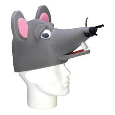 a gray hat with a pink nose and ears on top of a white mannequin head