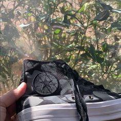 Camo Converse With White Bottom. Only Worn A Few Times And Looks Brand New Camo Converse, Shoes Converse, Converse Black, High Top Sneaker, Womens Converse, Converse Shoes, Chuck Taylor, Chuck Taylors, Black Green