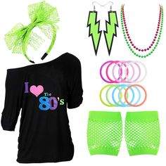 neon green and black outfit with accessories including shorts, necklaces, and headbands